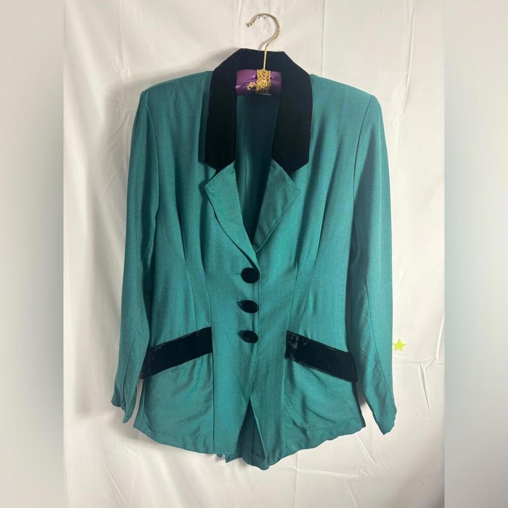 VTG 90s Teal+Black Velvet Structured Blazer and Pencil Skirt Set Size S - Picture 3 of 15